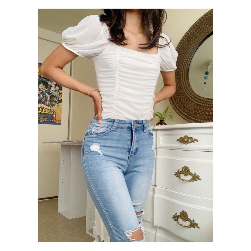 White Top, Back Mesh, Off The Shoulder. (Worn 3x)